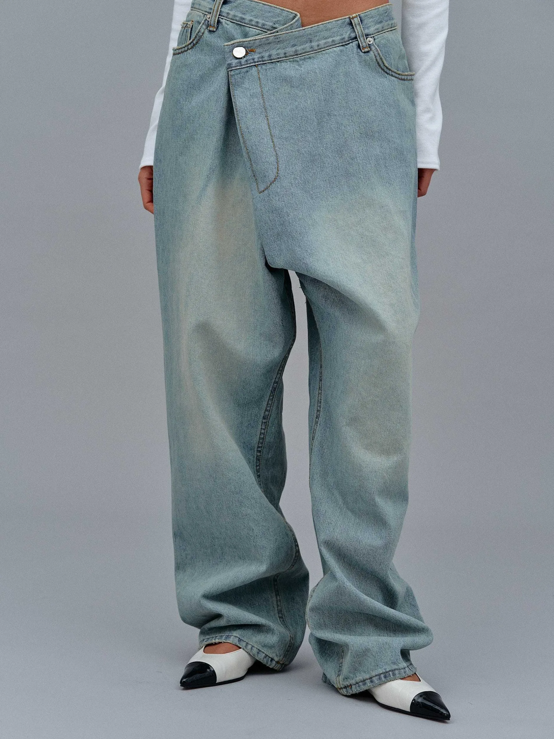 Frauen Source Unknown Kleidung<Asymmetrische, Verblasste Wickeljeans, Stone Wash