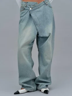 Frauen Source Unknown Denim<Asymmetrische, Verblasste Wickeljeans, Stone Wash