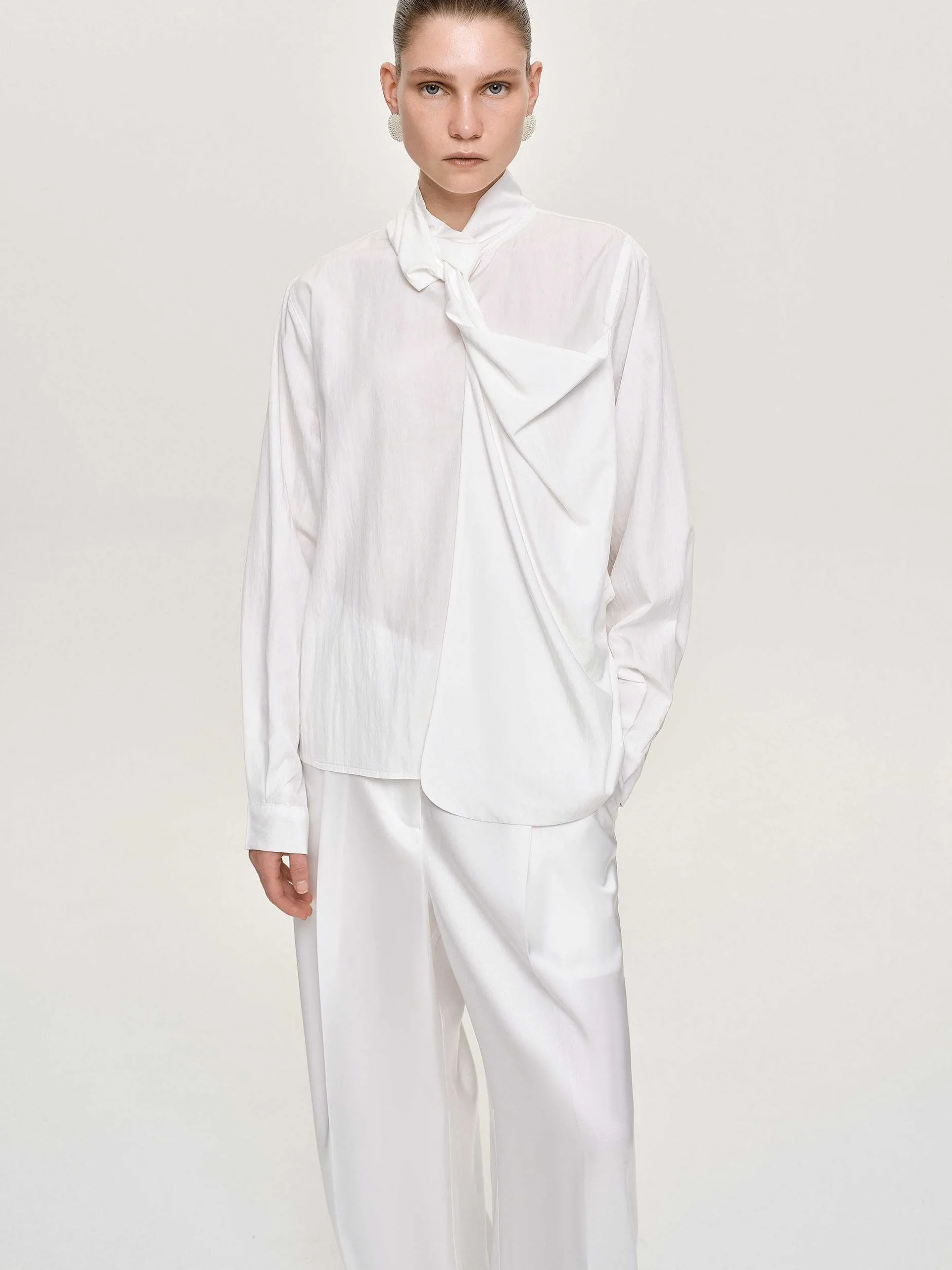 Frauen Source Unknown Kleidung<Bluse Mit Verdrehtem Schal Aus Netzstoff, Weis