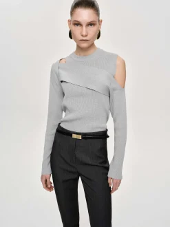 Frauen Source Unknown Kleidung<Drapierter Cut-Out-Strick, Taupegrau