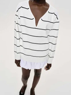 Frauen Source Unknown Kleidung<Pullover Mit Tiefem V-Ausschnitt, Weis Gestreift