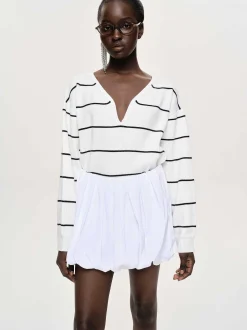 Frauen Source Unknown Kleidung<Pullover Mit Tiefem V-Ausschnitt, Weis Gestreift