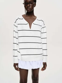 Frauen Source Unknown Strickwaren<Pullover Mit Tiefem V-Ausschnitt, Weis Gestreift